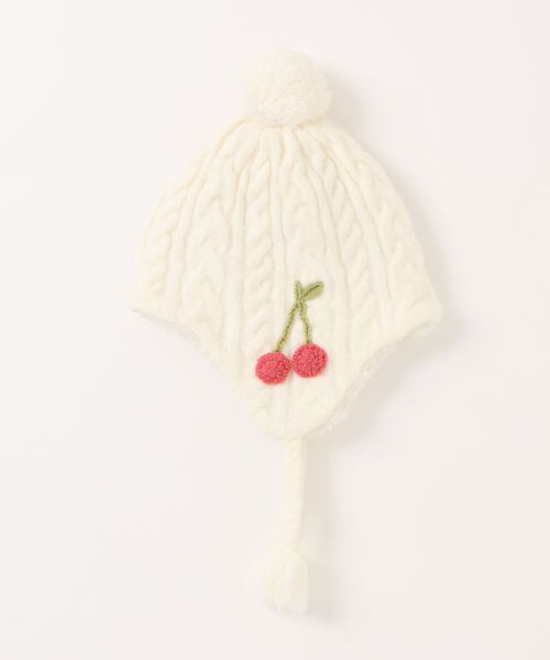 HAKKA KIDS(ハッカキッズ)の「さくらんぼモチーフニット帽(ニットキャップ/ビーニー・キッズ・サックスブルー/オフホワイト/ピンク・M/L)」の2枚目の写真