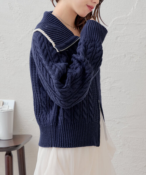 Chico（チコ）の「ダブルジップケーブル襟ルーズニット（カーディガン