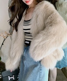 ノーカラージャケット（ベージュ系・フェイクファー）ファッション通販