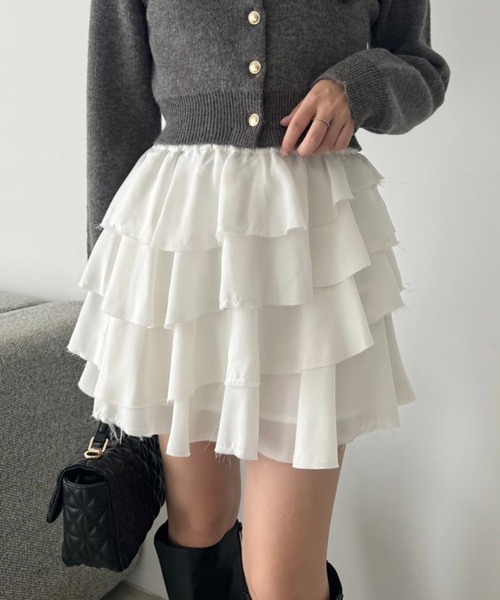 one after another NICE CLAUP（ワンアフターアナザーナイスクラップ）の「ティアードフリルミニスカート（スカート・レディース・グレー/レオパード/ホワイト/ブラック・FREE）」の2枚目の写真