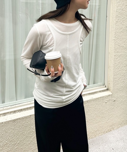 select MOCA by son(セレクトモカバイソン)の「シアーレイヤードカットソー(Tシャツ/カットソー・レディース・スミクロ/グレー/オフホワイト・FREE)」の2枚目の写真