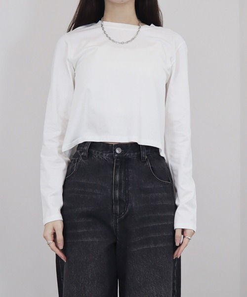 Reurie'（レウリィ）の「【ZOZO限定】バックスリットロングTシャツ／long sleeve back slit top 長袖 クルーネック カットオフ シンプル ベーシック カジュアル（Tシャツ/カットソー・レディース・ホワイト/ブラック・FREE）」の12枚目の写真