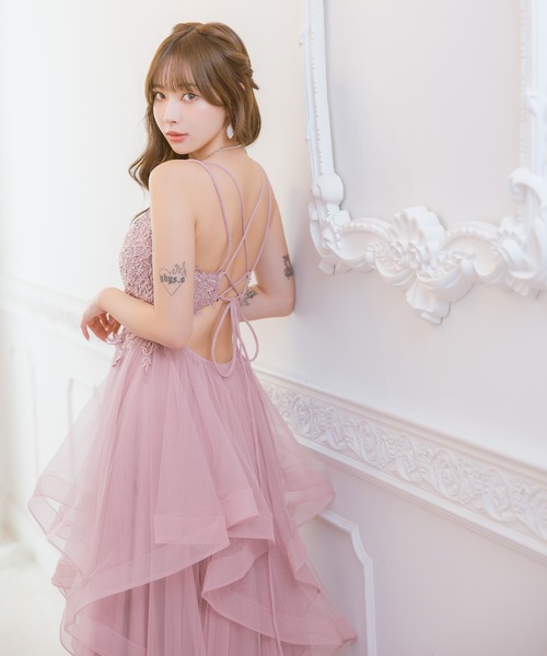 Tika（ティカ）の「[CLOSED] キャバドレス ロング フレア ノースリーブ バックオープンスピンドルキャミソールケミカルレースビジューランダムボリュームチュール Aラインバースデードレス（ドレス・レディース・ピンク/ホワイト・M/S/L）」の5枚目の写真
