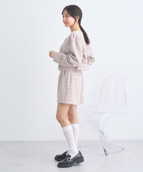 earth music&ecology（アースミュージックアンドエコロジー）の「カットツイードショートジャケット（ノーカラージャケット・レディース・アイボリー/ピンクベージュ・FREE）」の7枚目の写真