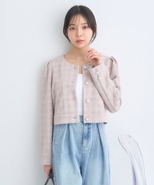 earth music&ecology（アースミュージックアンドエコロジー）の「カットツイードショートジャケット（ノーカラージャケット・レディース・アイボリー/ピンクベージュ・FREE）」の9枚目の写真