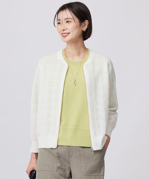J.PRESS(ジェイプレス)の「【洗える】SHEER JACQUARD ニット ブルゾン(カーディガン/ボレロ・レディース・ホワイト系/ブラック系/スカイブルー系・T15/T13)」の1枚目の写真