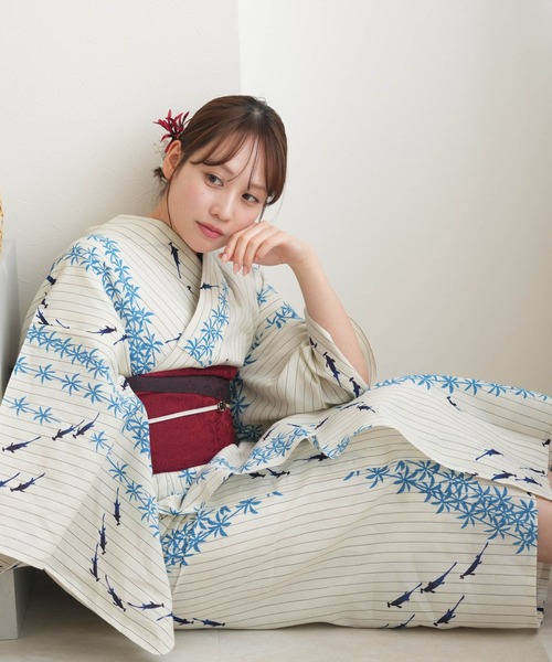 手染め注染浴衣3点セット utatane×注染工房 綿麻 等間しじら 紺