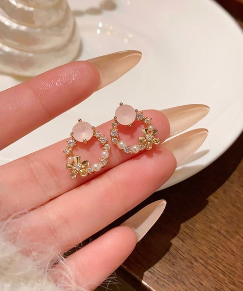 セール】YU-KA:ピンクストーンモチーフフラワーフープピアス pink