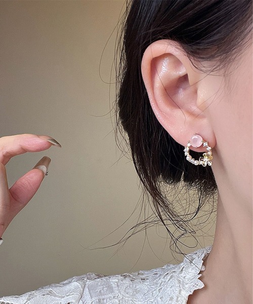 YU-KA:ピンクストーンモチーフフラワーフープピアス pink stone motif 