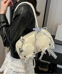 【チャーム付】Y2K ダブルリボンデザイン ハンドバッグ ［ レーステープつきバッグ! 新風格 ］きショルダーバッグ