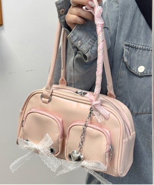 gossip！ロサンゼルス（ゴシップロサンゼルス）の「【チャーム付】Y2K ダブルリボンデザイン ハンドバッグ ［ レーステープつきバッグ! 新風格 ］きショルダーバッグ（ショルダーバッグ・レディース・ピンク/ブラック/オフホワイト/シルバー・FREE）」の10枚目の写真
