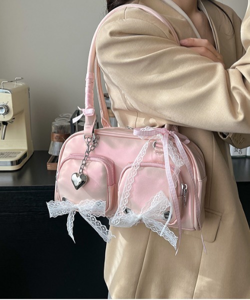 gossip！ロサンゼルス（ゴシップロサンゼルス）の「【チャーム付】Y2K ダブルリボンデザイン ハンドバッグ ［ レーステープつきバッグ! 新風格 ］きショルダーバッグ（ショルダーバッグ・レディース・ピンク/ブラック/オフホワイト/シルバー・FREE）」の9枚目の写真
