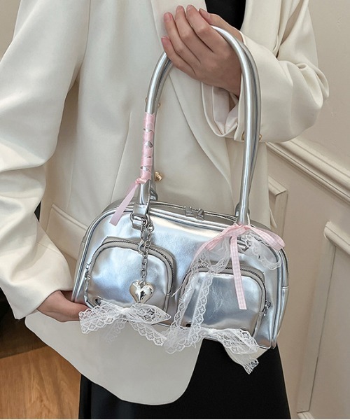 gossip！ロサンゼルス（ゴシップロサンゼルス）の「【チャーム付】Y2K ダブルリボンデザイン ハンドバッグ ［ レーステープつきバッグ! 新風格 ］きショルダーバッグ（ショルダーバッグ・レディース・ピンク/ブラック/オフホワイト/シルバー・FREE）」の15枚目の写真