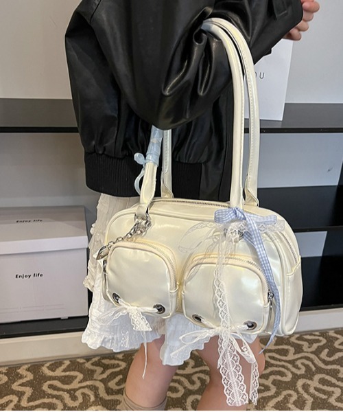 gossip！ロサンゼルス（ゴシップロサンゼルス）の「【チャーム付】Y2K ダブルリボンデザイン ハンドバッグ ［ レーステープつきバッグ! 新風格 ］きショルダーバッグ（ショルダーバッグ・レディース・ピンク/ブラック/オフホワイト/シルバー・FREE）」の17枚目の写真