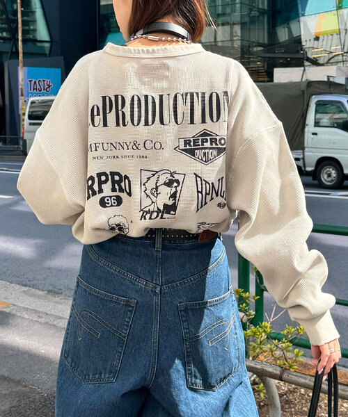 RePRODUCTION LABEL(リプロダクションレーベル)の「【RePRODUCTION LABEL / リプロダクションレーベル】ラウンドカットサーマルロンT(Tシャツ/カットソー・レディース・チャコールグレー/アイボリー・FREE)」の2枚目の写真