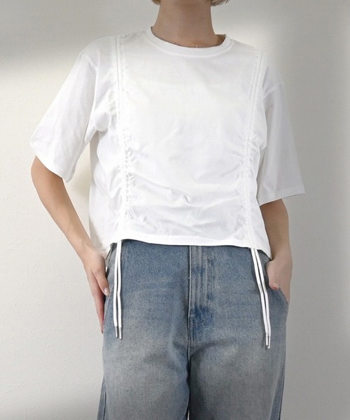 STYLEBLOCK（スタイルブロック）の「天竺ドロストTシャツ（Tシャツ/カットソー・レディース・ライトブルー/ホワイト系その他/ブラック/ホワイト・M）」の2枚目の写真