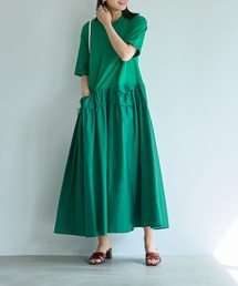 【Made in JAPAN】生地コンビボリュームスカート半袖ワンピース