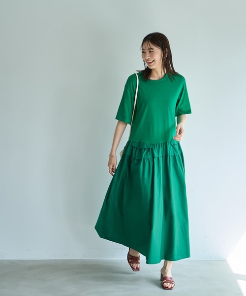 DRESY　プリースカート　半袖　ドレスワンピース Lace Ladies ドレス セットアップ風レース半袖×プリーツロング