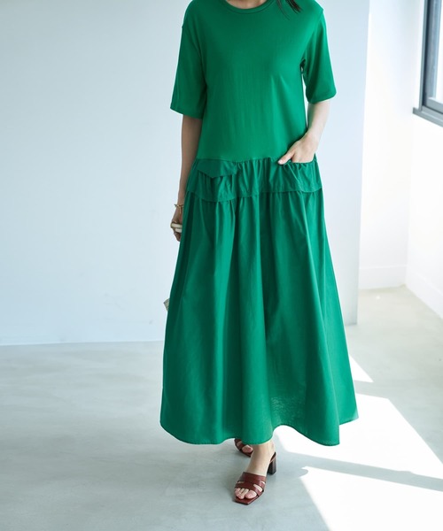 STYLE DELI（スタイルデリ）の「【Made in JAPAN】生地コンビボリュームスカート半袖ワンピース（ワンピース・レディース・ネイビー/グリーン・1/2）」の3枚目の写真