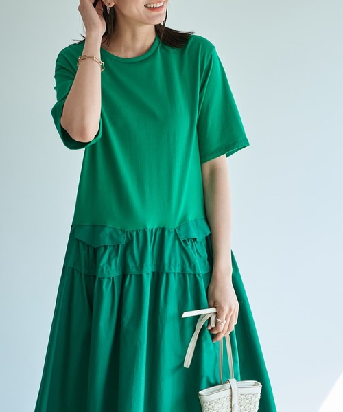 STYLE DELI（スタイルデリ）の「【Made in JAPAN】生地コンビボリュームスカート半袖ワンピース（ワンピース・レディース・ネイビー/グリーン・1/2）」の4枚目の写真
