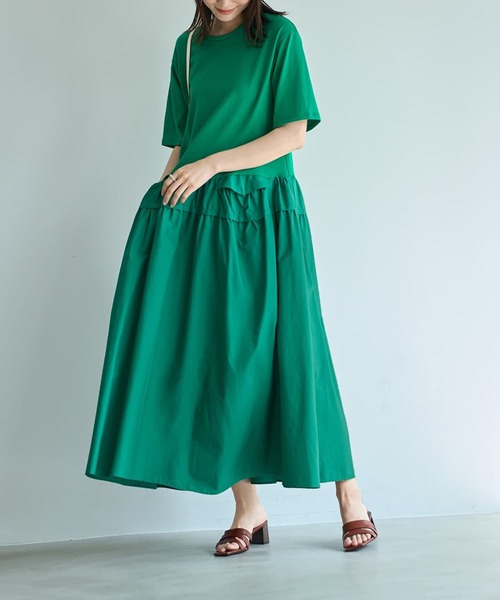 STYLE DELI（スタイルデリ）の「【Made in JAPAN】生地コンビボリュームスカート半袖ワンピース（ワンピース・レディース・ネイビー/グリーン・1/2）」の5枚目の写真