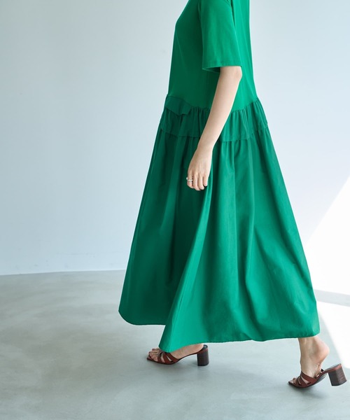 STYLE DELI（スタイルデリ）の「【Made in JAPAN】生地コンビボリュームスカート半袖ワンピース（ワンピース・レディース・ネイビー/グリーン・1/2）」の7枚目の写真