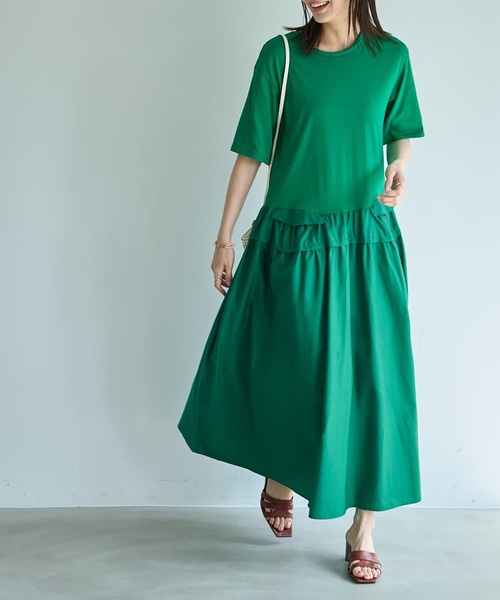 STYLE DELI（スタイルデリ）の「【Made in JAPAN】生地コンビボリュームスカート半袖ワンピース（ワンピース・レディース・ネイビー/グリーン・1/2）」の8枚目の写真