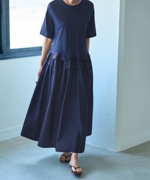 STYLE DELI（スタイルデリ）の「【Made in JAPAN】生地コンビボリュームスカート半袖ワンピース（ワンピース・レディース・ネイビー/グリーン・1/2）」の9枚目の写真