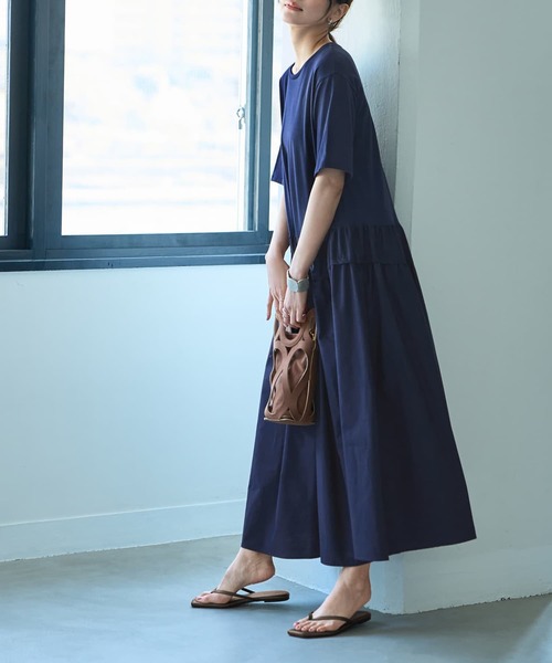 STYLE DELI（スタイルデリ）の「【Made in JAPAN】生地コンビボリュームスカート半袖ワンピース（ワンピース・レディース・ネイビー/グリーン・1/2）」の10枚目の写真