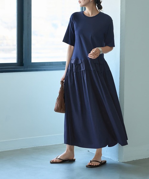 STYLE DELI（スタイルデリ）の「【Made in JAPAN】生地コンビボリュームスカート半袖ワンピース（ワンピース・レディース・ネイビー/グリーン・1/2）」の17枚目の写真