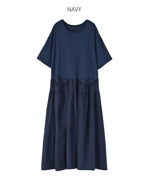 STYLE DELI（スタイルデリ）の「【Made in JAPAN】生地コンビボリュームスカート半袖ワンピース（ワンピース・レディース・ネイビー/グリーン・1/2）」の19枚目の写真