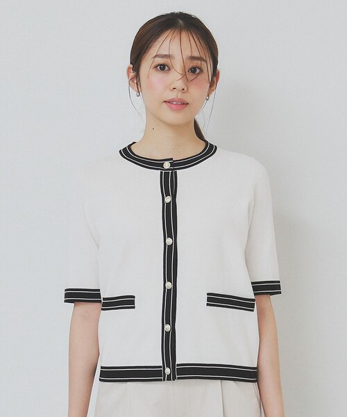 セール】バイカラークルーネックカーディガン/オーガニックコットン混