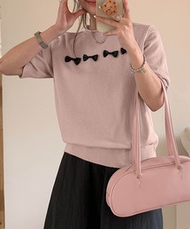 【aimoha】リボンモチーフ ロールネック半袖ニットトップス