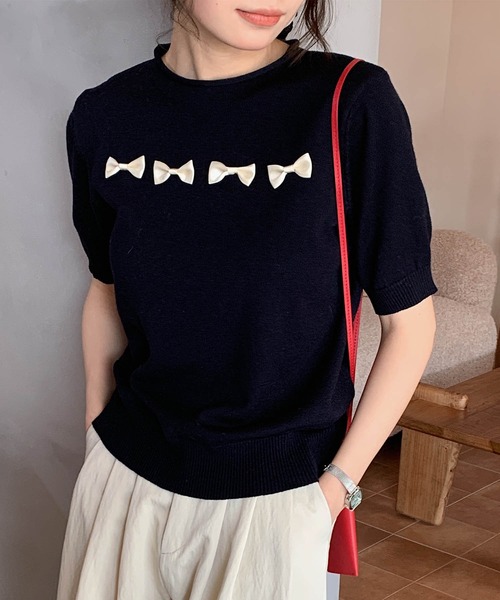 aimoha（アイモハ）の「【aimoha】リボンモチーフ ロールネック半袖ニットトップス（ニット/セーター・レディース・ブルー/ネイビー/ライトグレー/ピンク/ライトベージュ・FREE）」の8枚目の写真