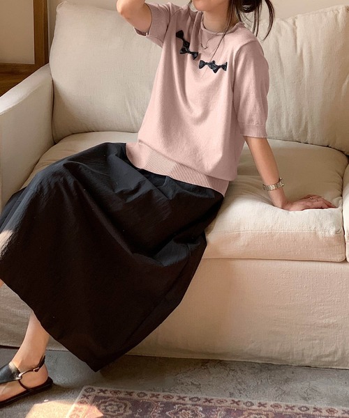 aimoha（アイモハ）の「【aimoha】リボンモチーフ ロールネック半袖ニットトップス（ニット/セーター・レディース・ブルー/ネイビー/ライトグレー/ピンク/ライトベージュ・FREE）」の9枚目の写真