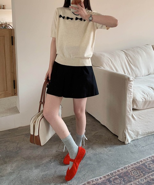 aimoha（アイモハ）の「【aimoha】リボンモチーフ ロールネック半袖ニットトップス（ニット/セーター・レディース・ブルー/ネイビー/ライトグレー/ピンク/ライトベージュ・FREE）」の12枚目の写真