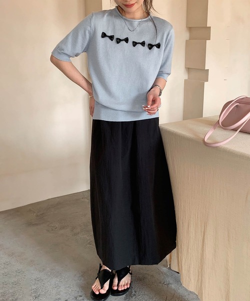 aimoha（アイモハ）の「【aimoha】リボンモチーフ ロールネック半袖ニットトップス（ニット/セーター・レディース・ブルー/ネイビー/ライトグレー/ピンク/ライトベージュ・FREE）」の13枚目の写真