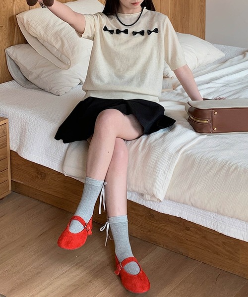 aimoha（アイモハ）の「【aimoha】リボンモチーフ ロールネック半袖ニットトップス（ニット/セーター・レディース・ブルー/ネイビー/ライトグレー/ピンク/ライトベージュ・FREE）」の14枚目の写真