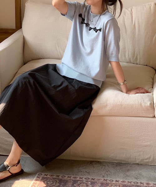 aimoha（アイモハ）の「【aimoha】リボンモチーフ ロールネック半袖ニットトップス（ニット/セーター・レディース・ブルー/ネイビー/ライトグレー/ピンク/ライトベージュ・FREE）」の15枚目の写真