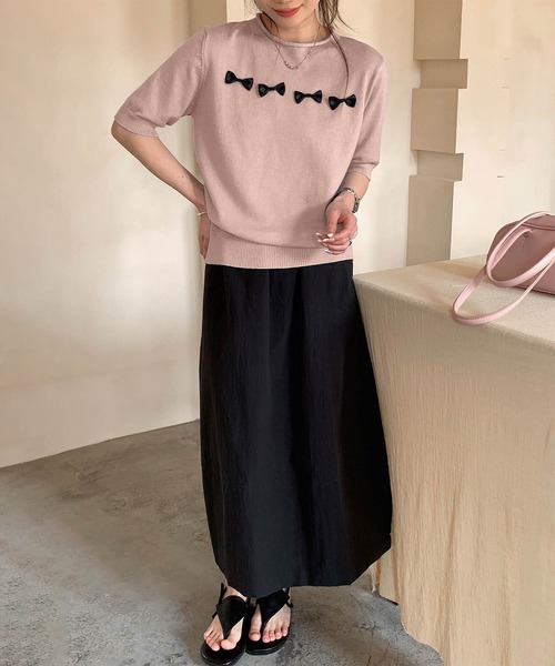aimoha（アイモハ）の「【aimoha】リボンモチーフ ロールネック半袖ニットトップス（ニット/セーター・レディース・ブルー/ネイビー/ライトグレー/ピンク/ライトベージュ・FREE）」の16枚目の写真