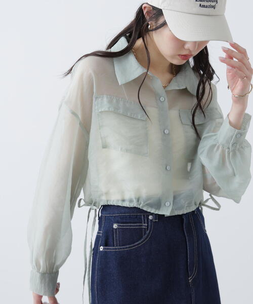 FREE'S MART（フリーズマート）の「裾ドロストショート丈シアーシャツ（シャツ/ブラウス・レディース・ホワイト/ブラウン/イエロー/ライトグリーン・FREE）」の4枚目の写真