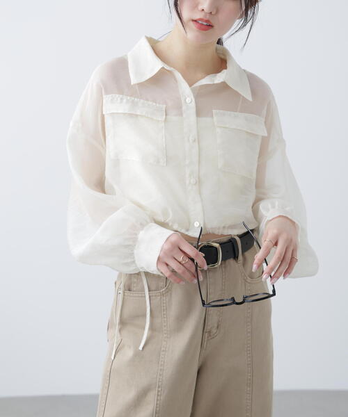 長袖シャツ ユニセックス 裾ひもドロースト ショート丈 2色 セール】裾ドロストショート丈シアーシャツ（シャツ/ブラウス