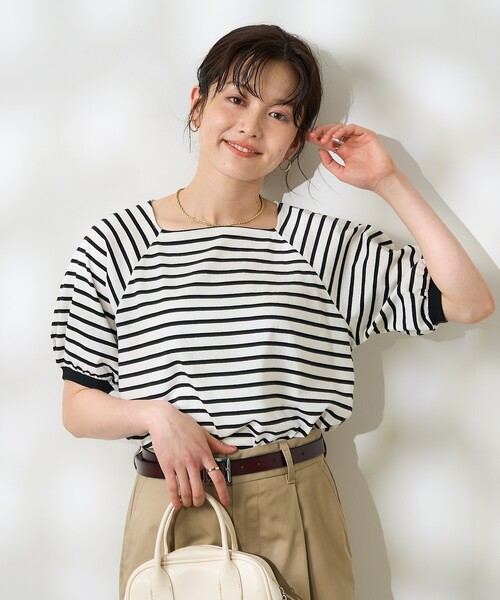 FREAK'S STORE(フリークスストア)の「バルーンスリーブ スクエアネック ボーダーTシャツ(Tシャツ/カットソー・レディース・レッド/ブラック/ブルー・フリ-)」の2枚目の写真