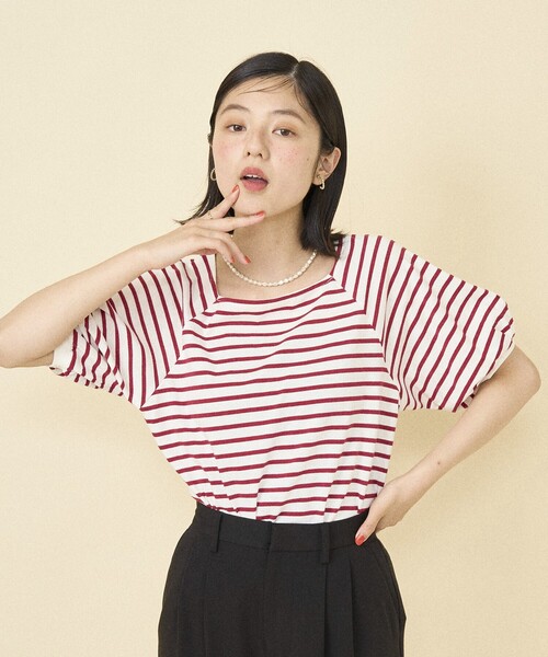 FREAK'S STORE(フリークスストア)の「バルーンスリーブ スクエアネック ボーダーTシャツ(Tシャツ/カットソー・レディース・レッド/ブラック/ブルー・フリ-)」の4枚目の写真