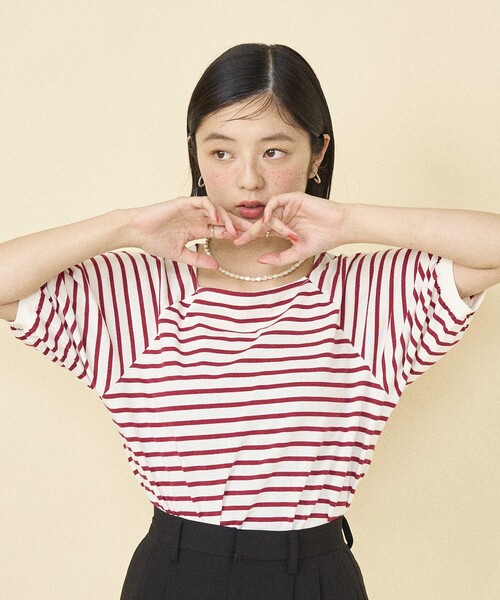 FREAK'S STORE(フリークスストア)の「バルーンスリーブ スクエアネック ボーダーTシャツ(Tシャツ/カットソー・レディース・レッド/ブラック/ブルー・フリ-)」の5枚目の写真