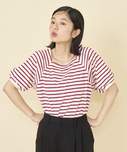 FREAK'S STORE(フリークスストア)の「バルーンスリーブ スクエアネック ボーダーTシャツ(Tシャツ/カットソー・レディース・レッド/ブラック/ブルー・フリ-)」の6枚目の写真