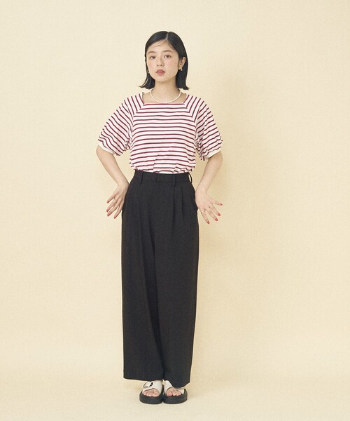 FREAK'S STORE(フリークスストア)の「バルーンスリーブ スクエアネック ボーダーTシャツ(Tシャツ/カットソー・レディース・レッド/ブラック/ブルー・フリ-)」の7枚目の写真