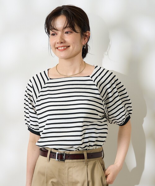 セール】バルーンスリーブ スクエアネック ボーダーTシャツ（T