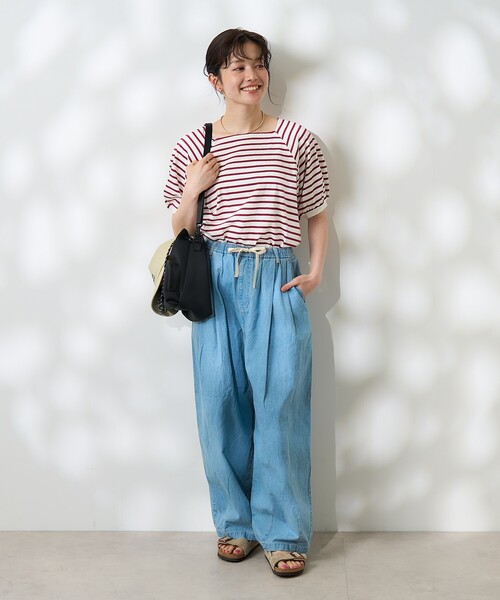 セール】バルーンスリーブ スクエアネック ボーダーTシャツ（Tシャツ