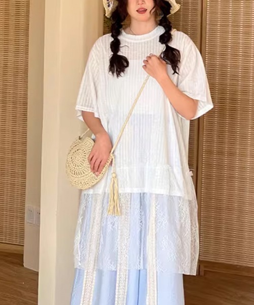 VIVID LADY(ビビッドレディー)の「切替レース チュニック 半袖Tシャツ(Tシャツ/カットソー・レディース・ホワイト・FREE)」の14枚目の写真